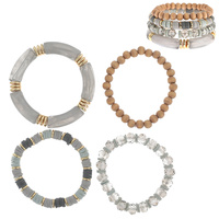 4-PIECE SET-BOHEMIAN BAMBOO HEISHI DISC ASSORTED MULTI-BEAD LAYERING STRETCH BRACELETS