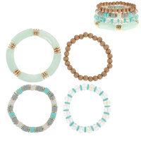 4-PIECE SET-BOHEMIAN BAMBOO HEISHI DISC ASSORTED MULTI-BEAD LAYERING STRETCH BRACELETS