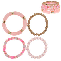 4-PIECE SET-BOHEMIAN BAMBOO HEISHI DISC ASSORTED MULTI-BEAD LAYERING STRETCH BRACELETS