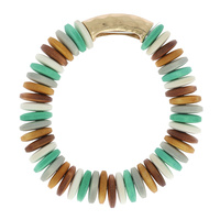 BOHO STYLE  NATURAL WOOD BEADED STRETCH BRACELET WITH GOLD TUBULAR BEAD ACCENT