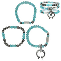 3-PIECE SET-WESTERN STYLE NAVAJO PEARL TURQUOISE SQUASH BLOSSOM CHARM BRACELET