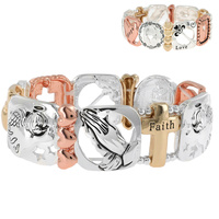 GUARDIAN ANGEL HOPE, LOVE, FAITH CUTOUT STRETCH BRACELET IN SILVER AND MULTITONE METAL
