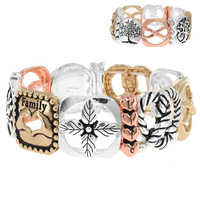 FAMILY RELIGIOUS MOTIF CUTOUT STRETCH BRACELET IN SILVER AND MULTITONE METAL