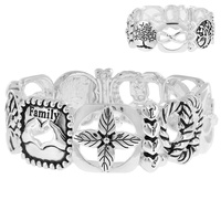 FAMILY RELIGIOUS MOTIF CUTOUT STRETCH BRACELET IN SILVER AND MULTITONE METAL