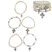 CROSS - 5 PIECE SET-SPIRITUAL RELIGIOUS AFFIRMATION  ASSORTED ACRYLIC BEADED STRETCH STACKABLE LAYERING CHARM BRACELETS