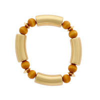 BOHO SANDALWOOD BEAD & METALLIC BAMBOO TUBE BANGLE BRACELET