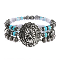 WESTERN CONCHO NAVAJO PEARL AND TURQUOISE MULTISTRANDED BEADED STRETCH BRACELET