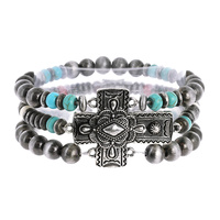 WESTERN CROSS NAVAJO PEARL AND TURQUOISE MULTISTRANDED BEADED STRETCH BRACELET