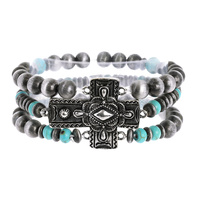 WESTERN CROSS NAVAJO PEARL AND TURQUOISE MULTISTRANDED BEADED STRETCH BRACELET