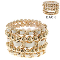 5-PIECE METALLIC BEADED LEATHER WOVEN CHAIN LAYERING BRACELET SET