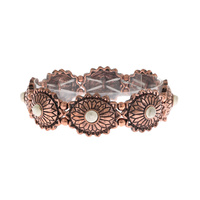 WESTERN SEMI STONE TURQUOISE CONCHO STRETCH BANGLE BRACELET IN SILVER AND COPPER OXIDIZED METAL