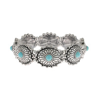 WESTERN SEMI STONE TURQUOISE CONCHO STRETCH BANGLE BRACELET IN SILVER AND COPPER OXIDIZED METAL
