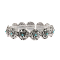 WESTERN SEMI STONE TURQUOISE FLOWER CONCHO STRETCH BANGLE BRACELET IN SILVER AND COPPER OXIDIZED METAL