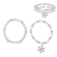 2-PIECE CHRISTMAS ACRYLIC TUBE BEAD AND GLASS BEAD SNOW FLAKE CHARM STRETCH STACKABLE BRACELET SET