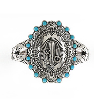 CACTUS -WESTERN TURQUOISE SYNTHETIC SEMI STONE ENGRAVED DESIGN ADJUSTABLE BANGLE CUFF BRACELET