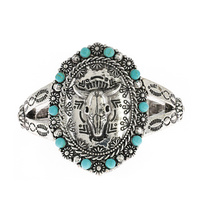 STEER -WESTERN TURQUOISE SYNTHETIC SEMI STONE ENGRAVED DESIGN ADJUSTABLE BANGLE CUFF BRACELET