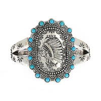 CHIEF -WESTERN TURQUOISE SYNTHETIC SEMI STONE ENGRAVED DESIGN ADJUSTABLE BANGLE CUFF BRACELET