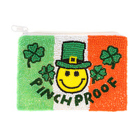 SAINT PATRICK'S DAY PINCH PROOF SMILEY FACE IRISH FLAG SEED BEAD HANDMADE BEADED ZIPPER COIN BAG