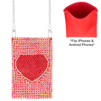 HEART RHINESTONE CELL PHONE BAG WITH CHAIN STRAP