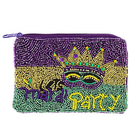 MARDI GRAS TRICOLOR "LET'S MARDI PARTY" MASQUERADE MASK STRIPED SEED BEAD HANDMADE BEADED ZIPPER COIN BAG