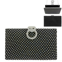 RHINESTONE EMBELLISHED EVENING CLUTCH WITH CIRCULAR PAVE CLASP  AND  GOLD CHAIN