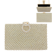 RHINESTONE EMBELLISHED EVENING CLUTCH WITH CIRCULAR PAVE CLASP  AND  GOLD CHAIN