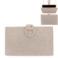 RHINESTONE EMBELLISHED EVENING CLUTCH WITH CIRCULAR PAVE CLASP  AND  GOLD CHAIN