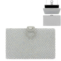 RHINESTONE EMBELLISHED EVENING CLUTCH WITH CIRCULAR PAVE CLASP  AND  GOLD CHAIN
