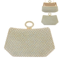 RHINESTONE EMBELLISHED EVENING CLUTCH WITH CIRCULAR PAVE HANDLE  AND GOLD CHAIN STRAP