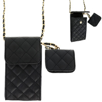 VINTAGE 90'S STYLE QUILTED PHONE CROSSBODY AND EARBUDS CASE WITH LEATHER CHAIN STRAP