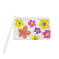 FLORAL MULTICOLOR SEED BEAD HANDMADE BEADED ZIPPER COIN BAG WITH WRISTLET STRAP