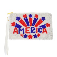 PATRIOTIC "AMERICA" STAR FIREWORKS SEED BEAD HANDMADE BEADED ZIPPER COIN BAG WITH WRISTLET STRAP