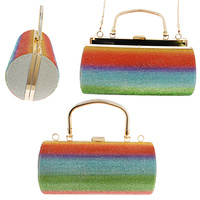 LEOPARD/ RAINBOW/ CHECKERED - CYLINDRICAL CRYSTAL RHINESTONE EVENING BAG WITH DETACHABLE CHAIN STRAP