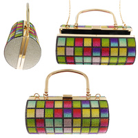 LEOPARD/ RAINBOW/ CHECKERED - CYLINDRICAL CRYSTAL RHINESTONE EVENING BAG WITH DETACHABLE CHAIN STRAP