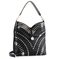 CHEVRON PATTERN CRYSTAL RHINESTONE STUDDED TOTE BAG WITH DETACHABLE STRAP