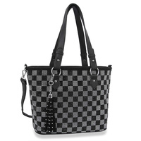 CHECKERED PATTERN CRYSTAL RHINESTONE STUDDED TOTE BAG WITH FRINGE CHARM AND DETACHABLE STRAP