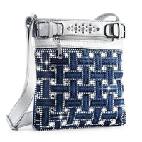 WOVEN PATTERN CRYSTAL RHINESTONE STUDDED DENIM TOTE BAG WITH FRONT ZIPPER COMPARTMENT