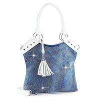 CRYSTAL RHINESTONE TWO-TONE CONTRAST STUDDED DENIM HOBO BAG WITH FRINGE CHARM AND DETACHABLE STRAP