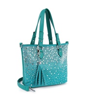 OMBRE PATTERN CRYSTAL RHINESTONE STUDDED TOTE BAG WITH FRINGE CHARM AND DETACHABLE STRAP