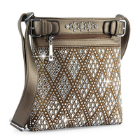 DIAMOND PATTERN CRYSTAL RHINESTONE STUDDED TOTE BAG WITH FRONT ZIPPER COMPARTMENT AND ADJUSTABLE STRAP