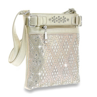 DIAMOND PATTERN CRYSTAL RHINESTONE STUDDED TOTE BAG WITH FRONT ZIPPER COMPARTMENT AND ADJUSTABLE STRAP