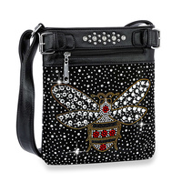 QUEEN BEE CRYSTAL RHINESTONE STUDDED TOTE BAG WITH FRONT ZIPPER COMPARTMENT AND ADJUSTABLE STRAP