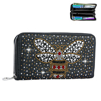 QUEEN BEE CRYSTAL RHINESTONE STUDDED MULTI-COMPARTMENT ACCORDION STYLE ZIPPER WALLET