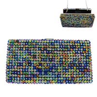 CRYSTAL RHINESTONE EVENING BOX CLUTCH PURSE WITH DETACHABLE METAL CHAIN STRAP