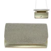 CRYSTAL RHINESTONE ENVELOPE EVENING CLUTCH BAG WITH DETACHABLE CHAIN STRAP IN SILVER TONE METAL