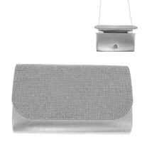 CRYSTAL RHINESTONE ENVELOPE EVENING CLUTCH BAG WITH DETACHABLE CHAIN STRAP IN SILVER TONE METAL