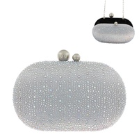 CRYSTAL RHINESTONE ROUND EVENING BOX CLUTCH PURSE WITH DETACHABLE METAL CHAIN STRAP