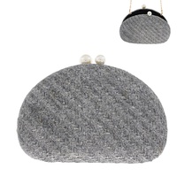 WOVEN ROUND EVENING BOX CLUTCH PURSE WITH PEARL CLOSURE AND DETACHABLE METAL CHAIN STRAP
