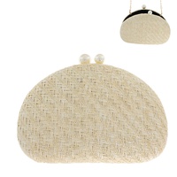 WOVEN ROUND EVENING BOX CLUTCH PURSE WITH PEARL CLOSURE AND DETACHABLE METAL CHAIN STRAP