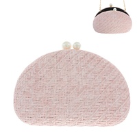 WOVEN ROUND EVENING BOX CLUTCH PURSE WITH PEARL CLOSURE AND DETACHABLE METAL CHAIN STRAP